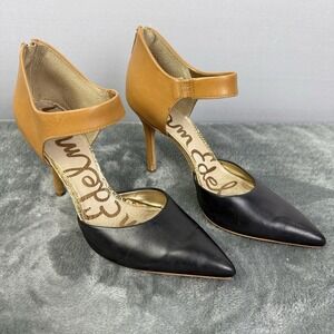 Sam Edelman Della Tan Black Pointed Toe Ankle Strap Heels Women's 8.5